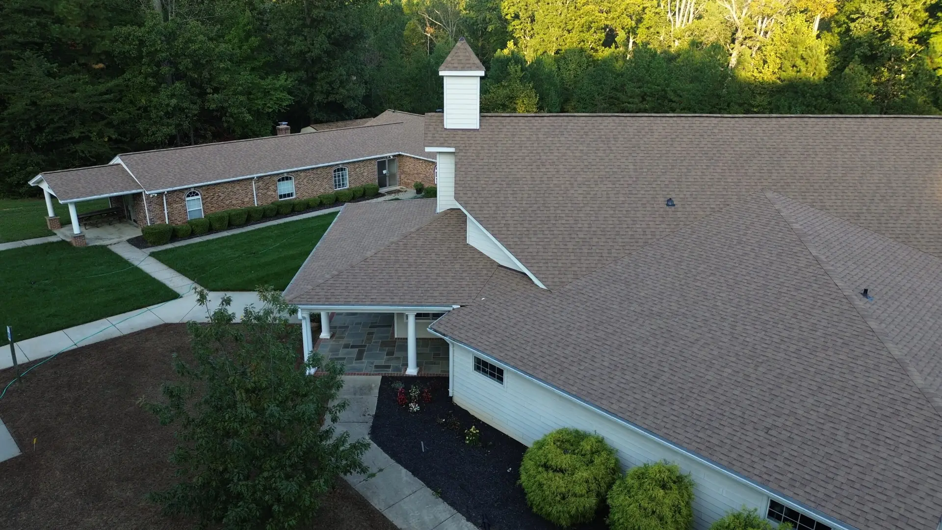 Aerial view of a full roof replacement