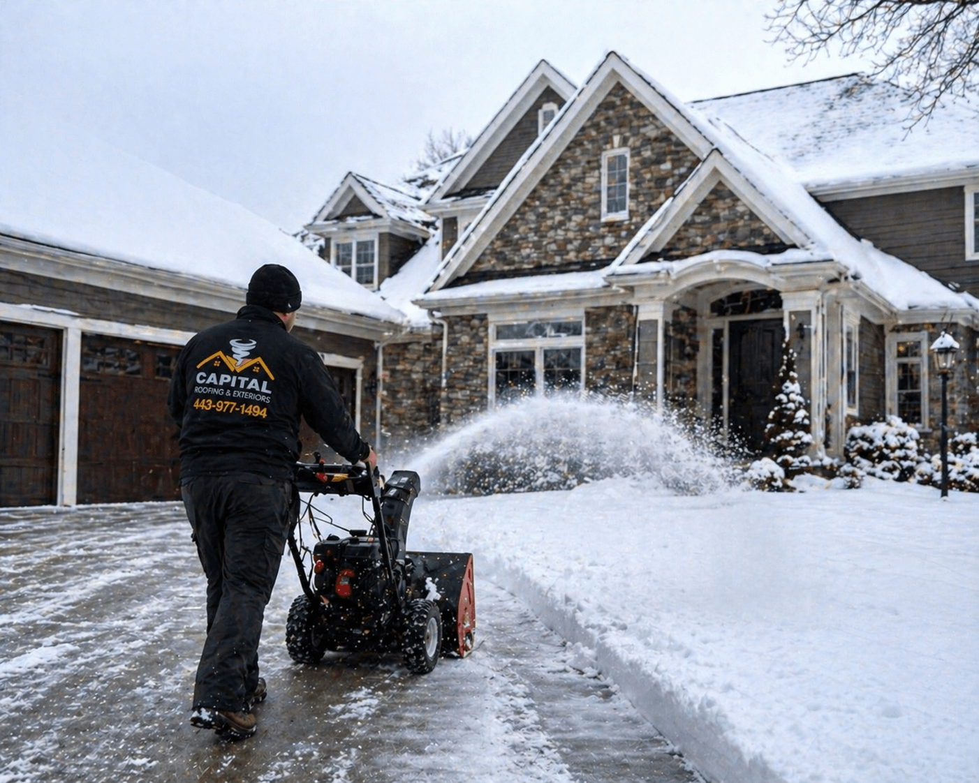 Capital Roofing & Exteriors crew member clearing a snowy Maryland driveway with a snow blower