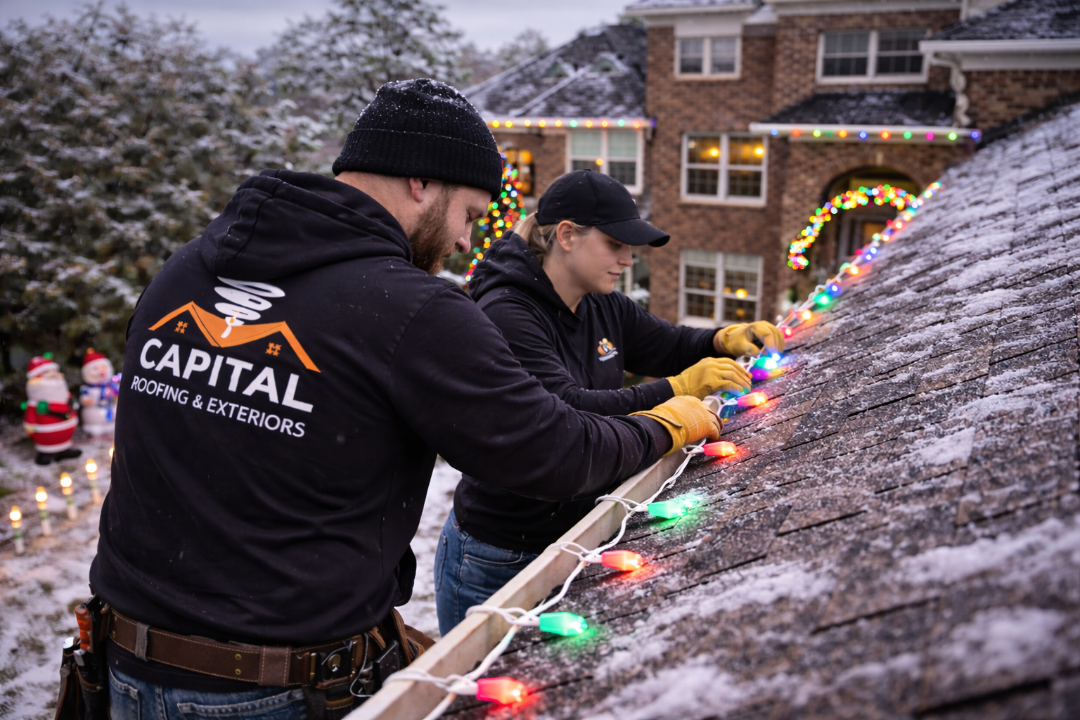 christmas lights installation on snowy evening