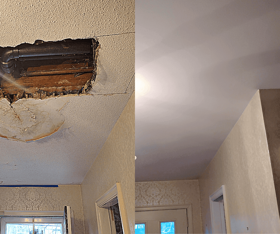 Water-damaged ceiling drywall from a roof leak