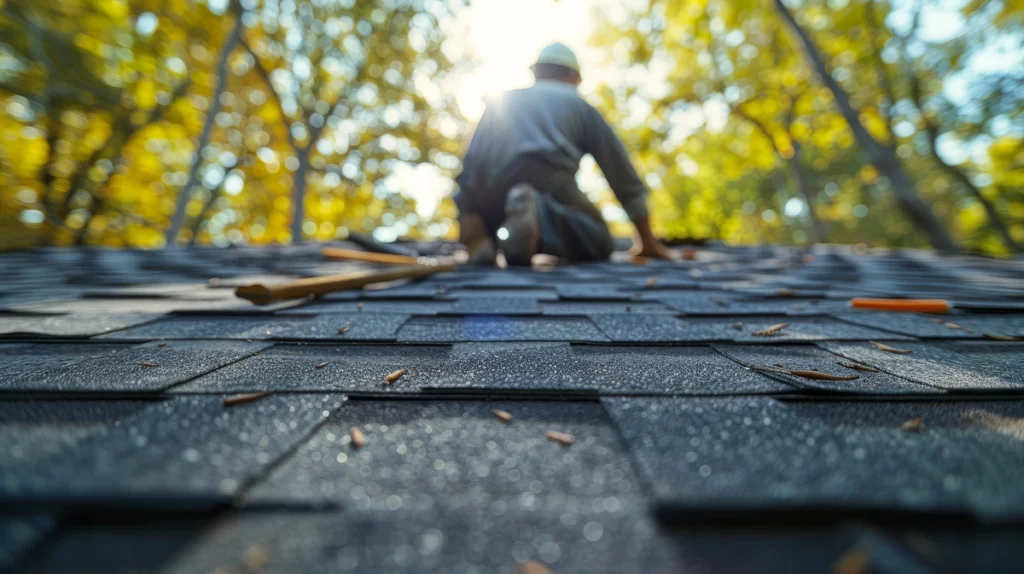 worker repairing roof shingles