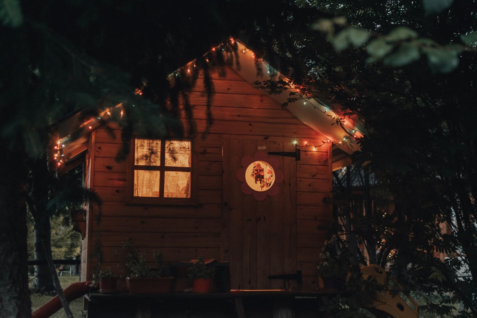 Home trimmed with Christmas lights