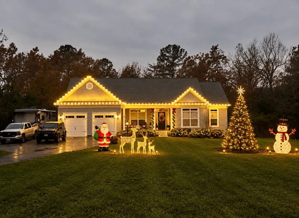 Same Maryland home after professional Christmas light installation by Capital Roofing & Exteriors