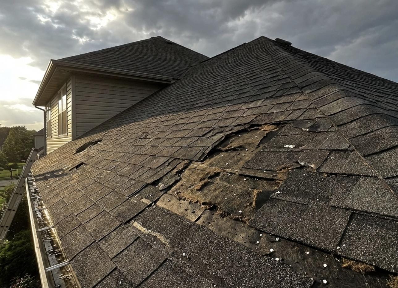 Insurance adjuster inspecting roof storm damage