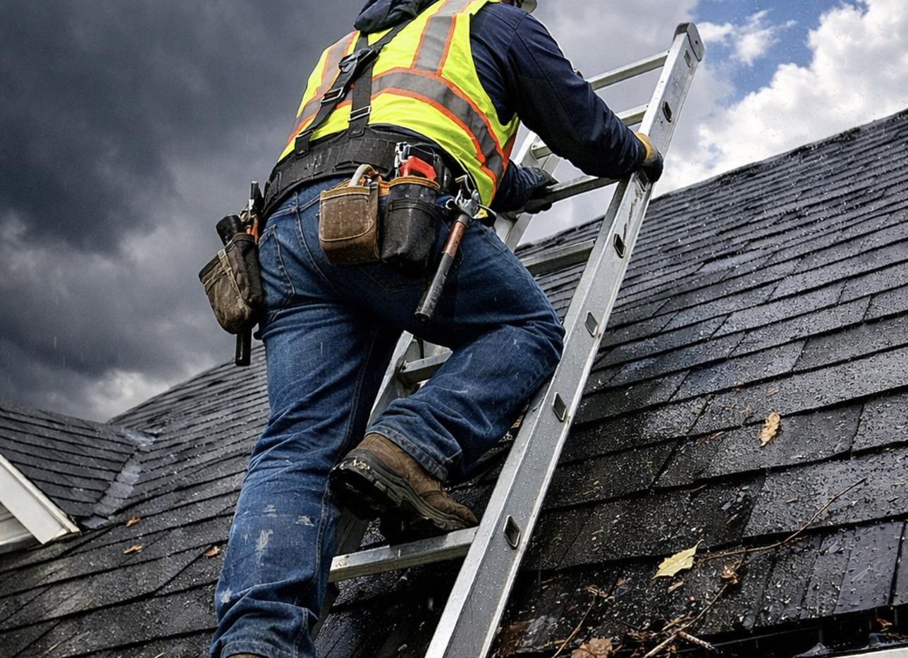 Roofer inspecting storm damage on a roof