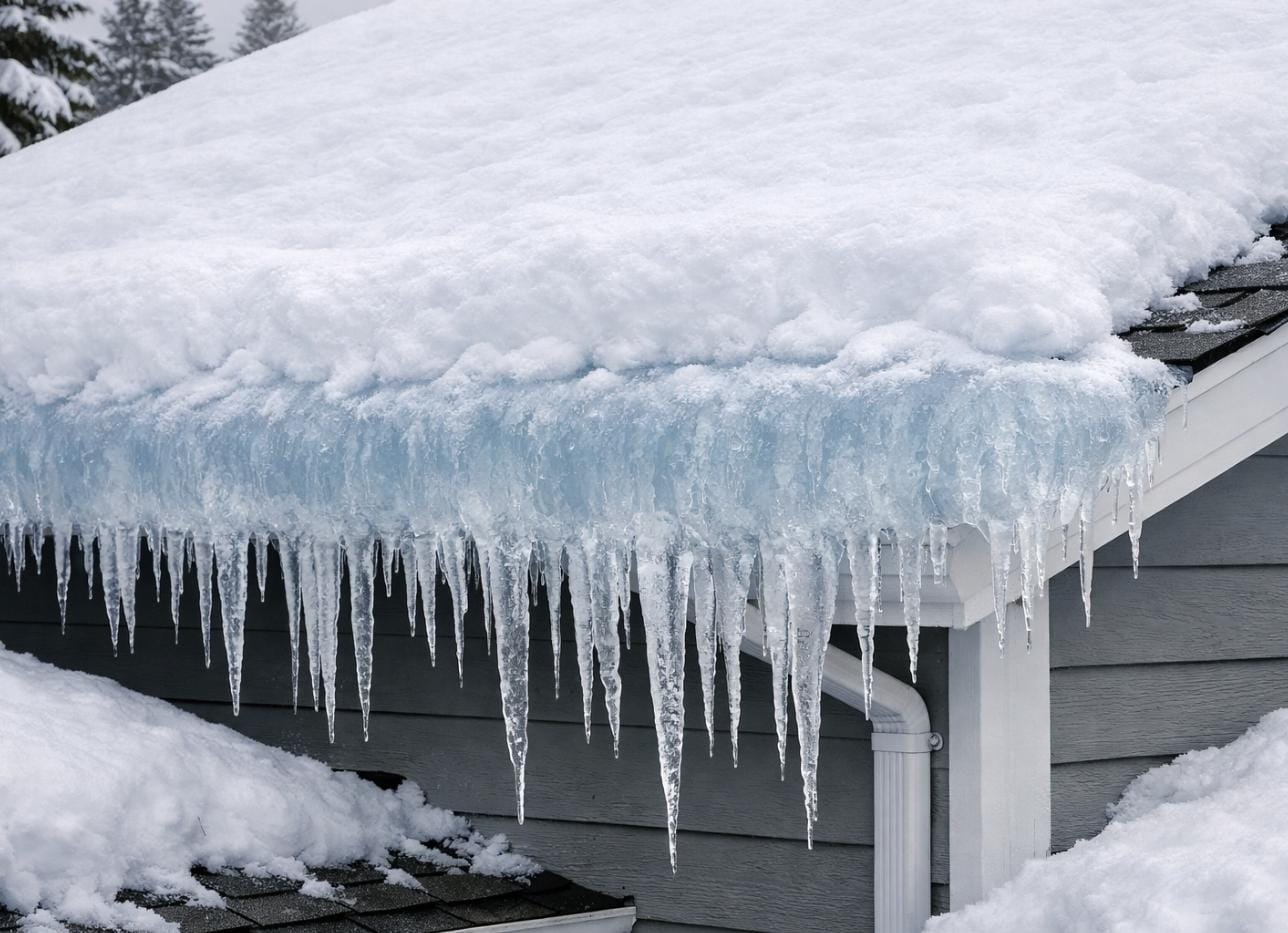 Ice dam on a roof in winter